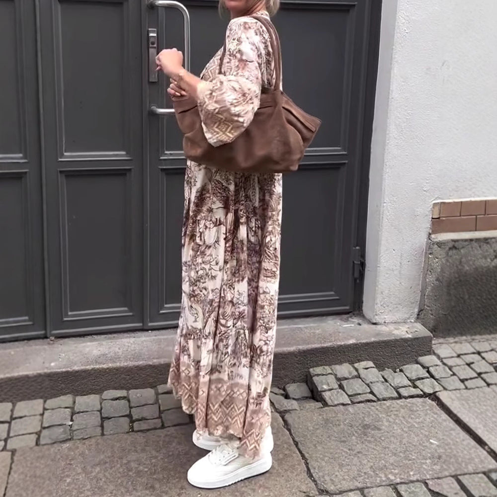 Damen nan Stufenmaxikleid mit Ethno-Bordüre, Stehkragen und weiten Glockenärmeln Drune