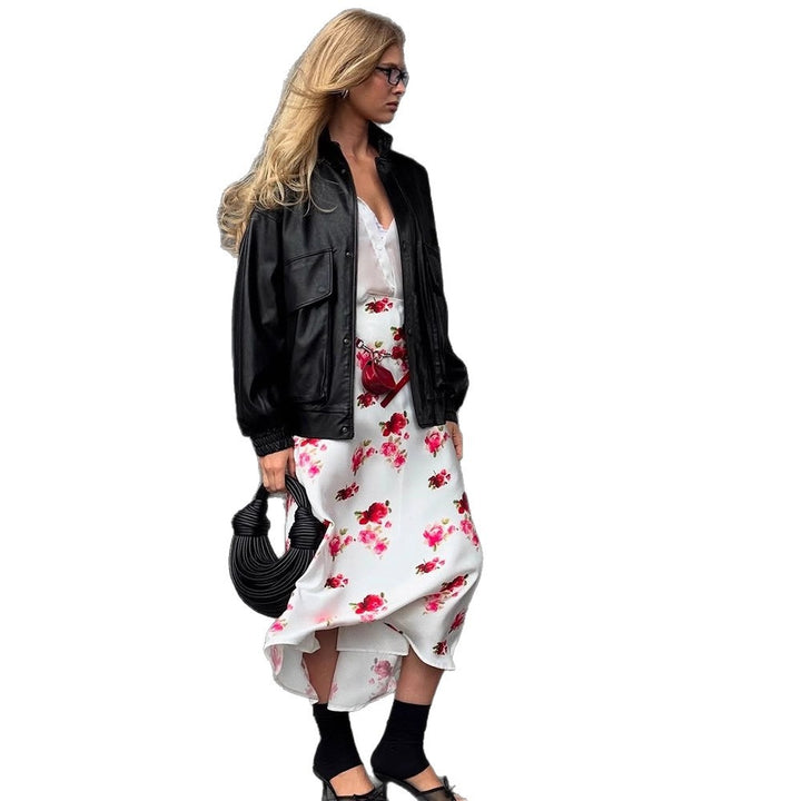Damen Boxy-Lederimitat-Blouson mit Stehkragen und gerafften Bündchen Drune