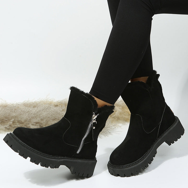 Damen Kurzschaft-Stiefelette mit Teddy‑Umschlag, Veloursoptik und Chunky‑Lug‑Sohle Drune