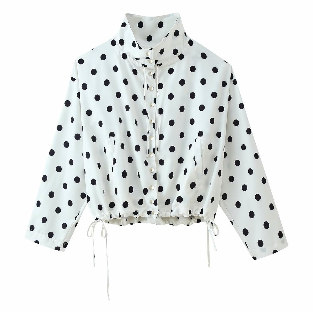Damen Gepunktete Cropped-Bluse mit Stehkragen und Tunnelzugsaum Drune