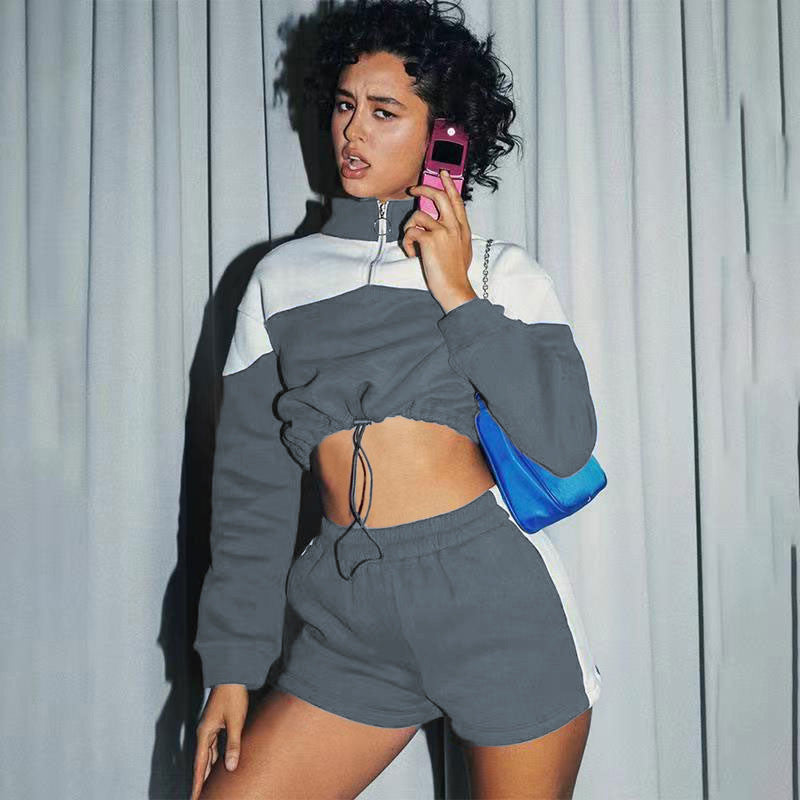 Damen Cropped Sportanzug mit hohem Kragen und Kordelzug Drune