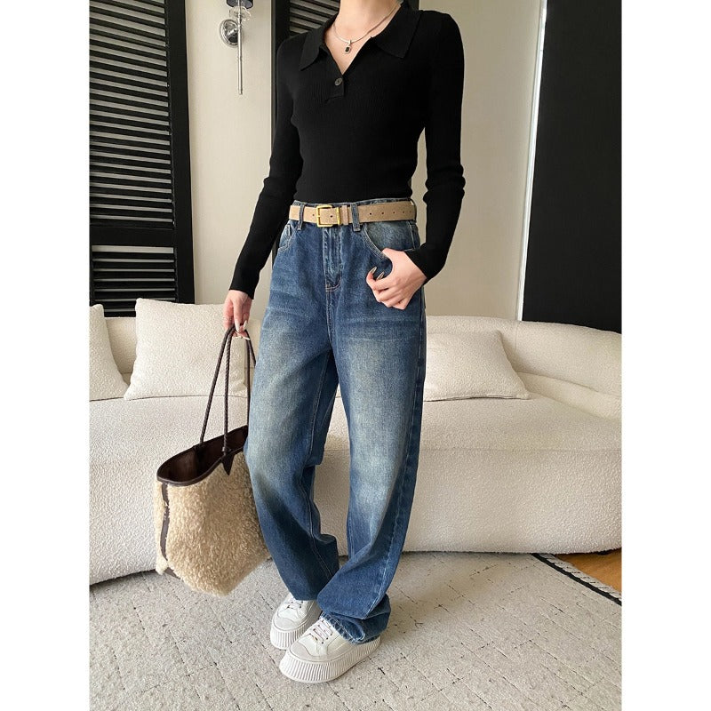 Damen Langarmshirt mit modischem Kragen und elastischem Rippstrick Drune