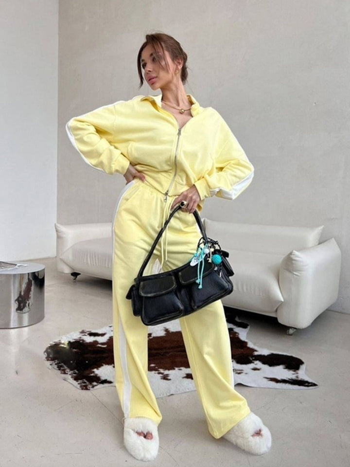 Damen Velours-Loungewear-Set mit Stehkragen, Zip-Jacke und weitem Palazzo-Hosenbein Drune