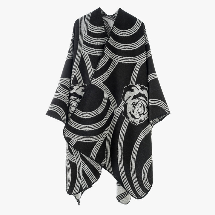 Damen Jacquard‑Capeponcho mit Rosendessin und Oversize‑Fall Drune