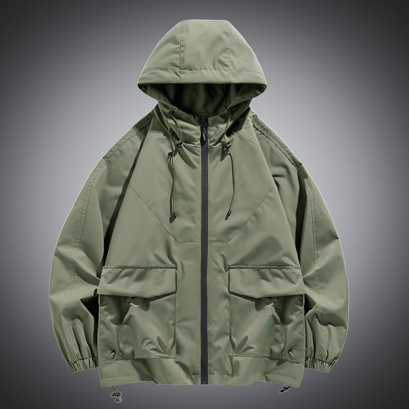 Herren Oversize Kapuzen-Windbreaker mit Multi‑Taschen, Mesh‑Einsätzen und Kordelzug Drune