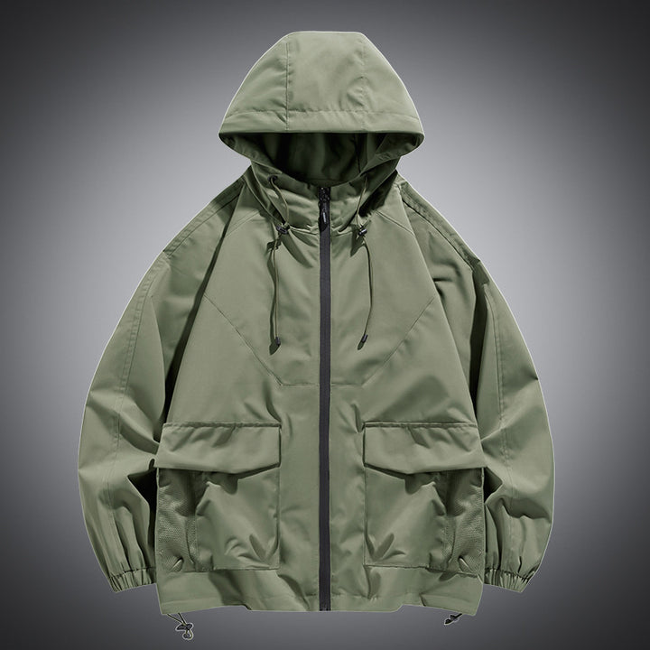 Herren Oversize Kapuzen-Windbreaker mit Multi‑Taschen, Mesh‑Einsätzen und Kordelzug Drune