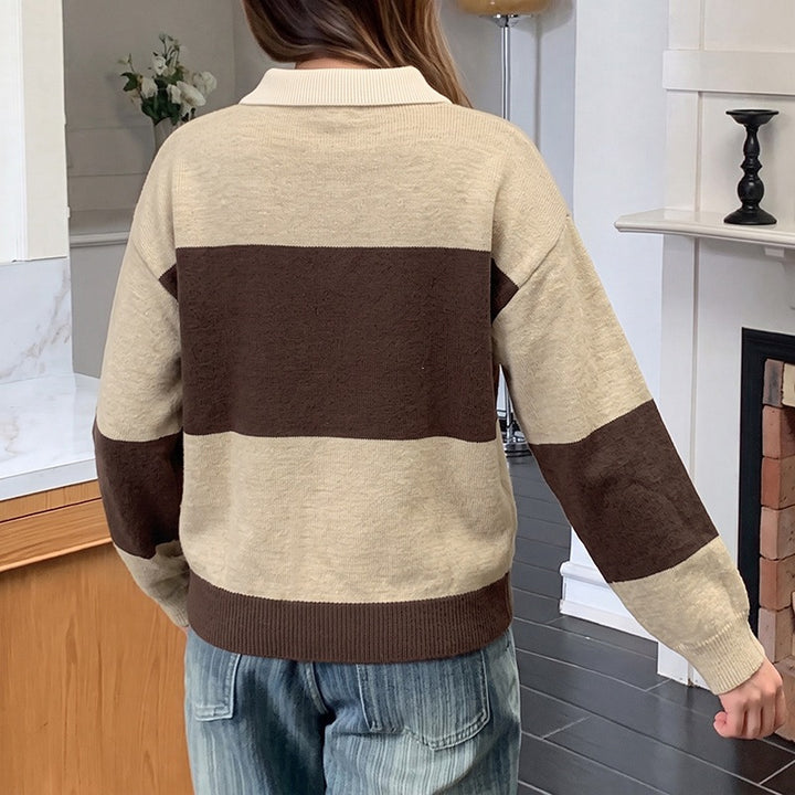 Damen Modischer Pullover mit Streifen und Knopfleiste Drune