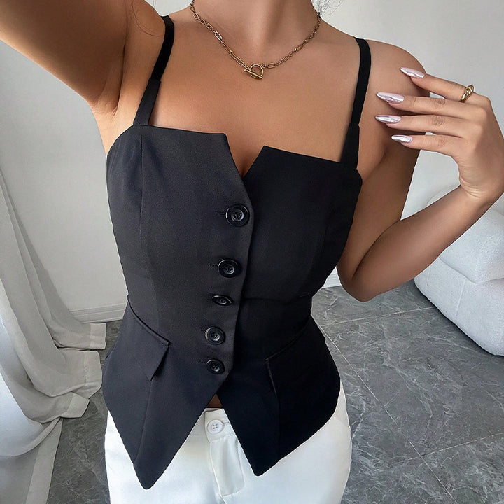 Damen ärmelloses Blusentop mit tailliertem Schnitt und Knopfdetails Drune