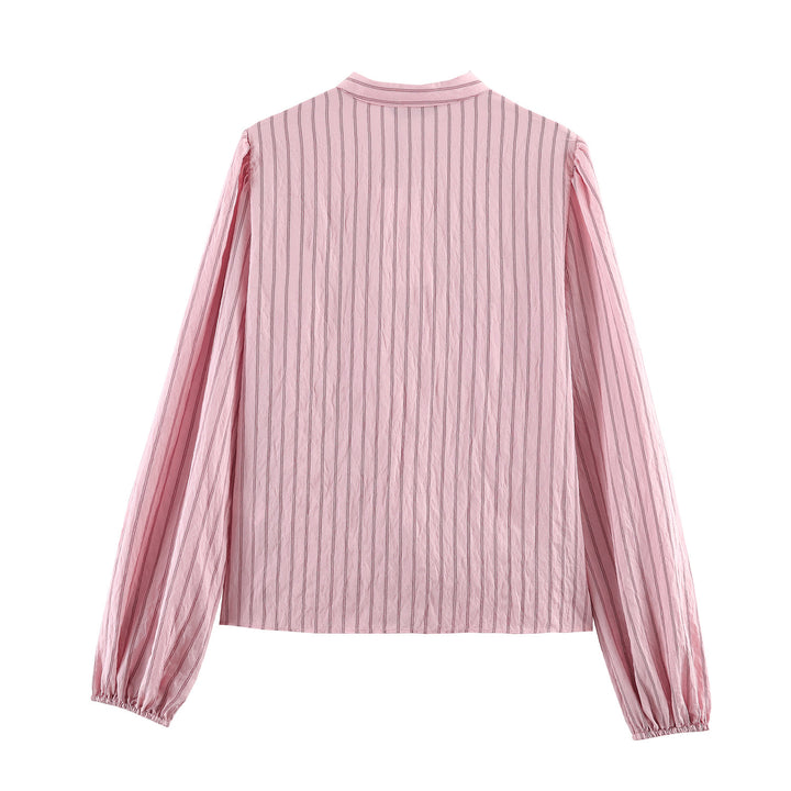 Damen nan rüschenbesetzte Langarmbluse mit Stehkragen, V-Volantfront und elastischen Manschetten Drune