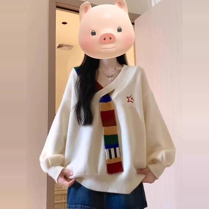 Damen Modischer Pullover mit V-Ausschnitt und bunten Streifen Drune