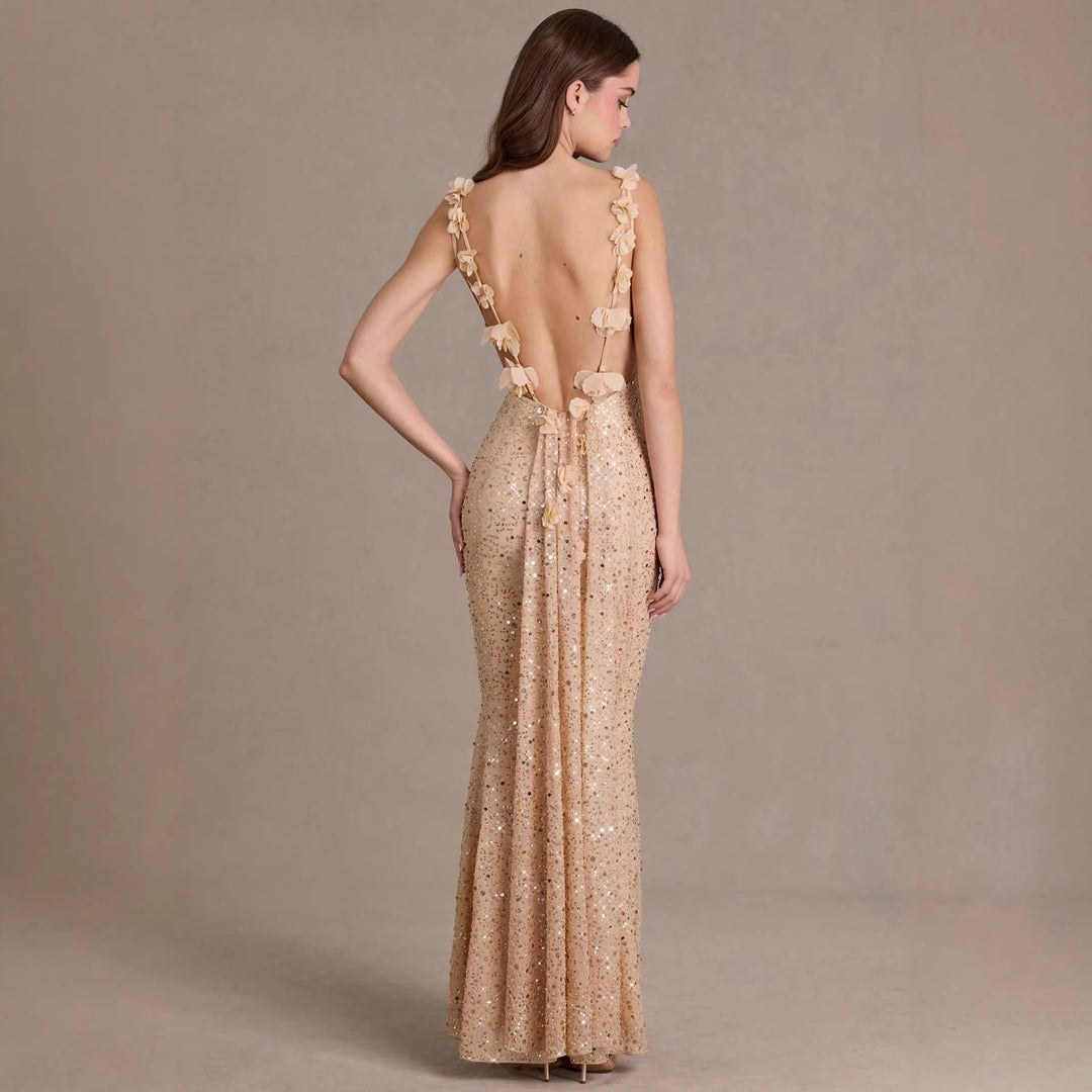 Damen elegantes Pailletten-Maxi-Kleid mit schickem Wasserfallausschnitt und figurbetonter Silhouette Drune