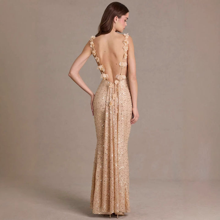 Damen elegantes Pailletten-Maxi-Kleid mit schickem Wasserfallausschnitt und figurbetonter Silhouette Drune