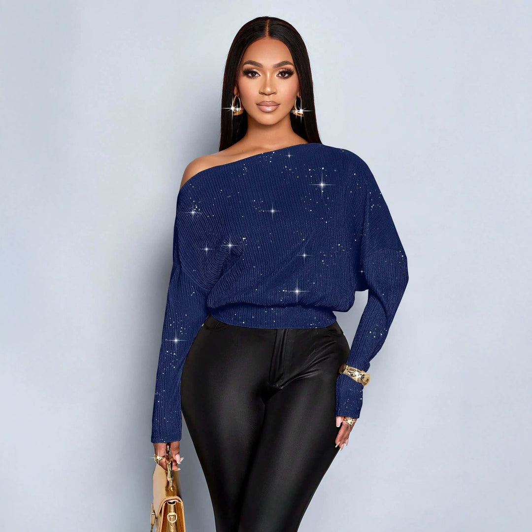 Damen Off-Shoulder Rippstrick-Pullover mit Glitzereffekt und Batwing-Ärmeln Drune
