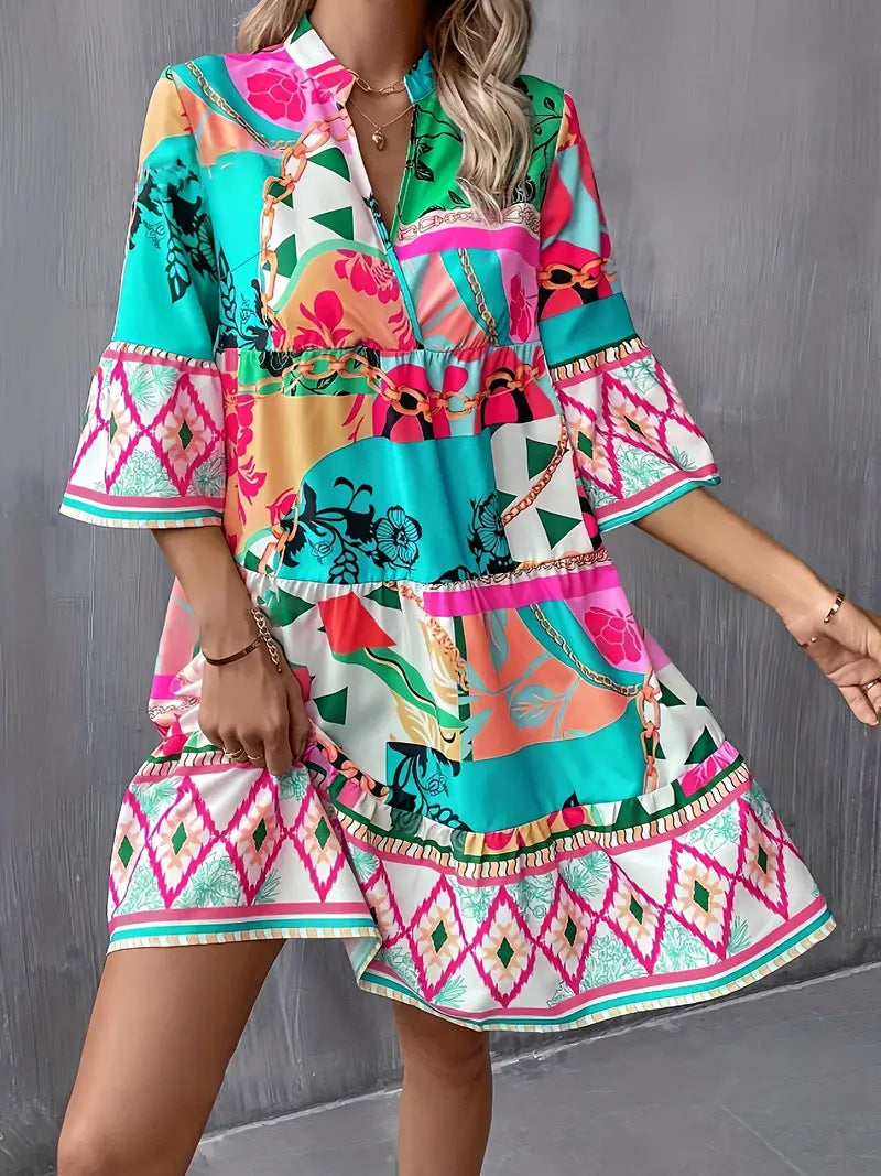 Damen Freizeitkleid mit buntem Grafikdesign und ausgestellten Ärmeln Drune