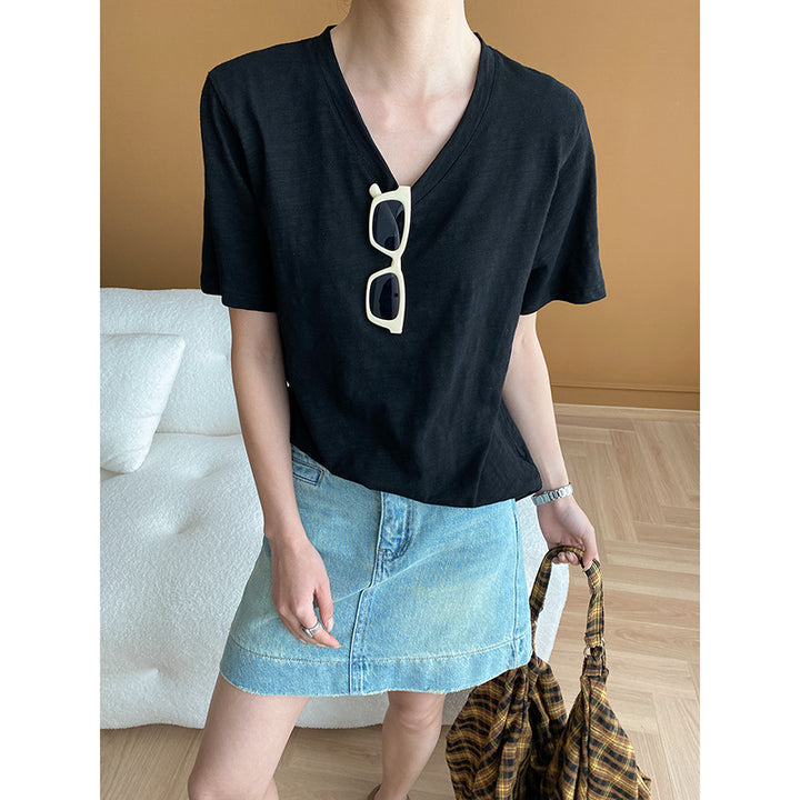 Damen lässiges V-Ausschnitt T-Shirt aus weichem Material Drune