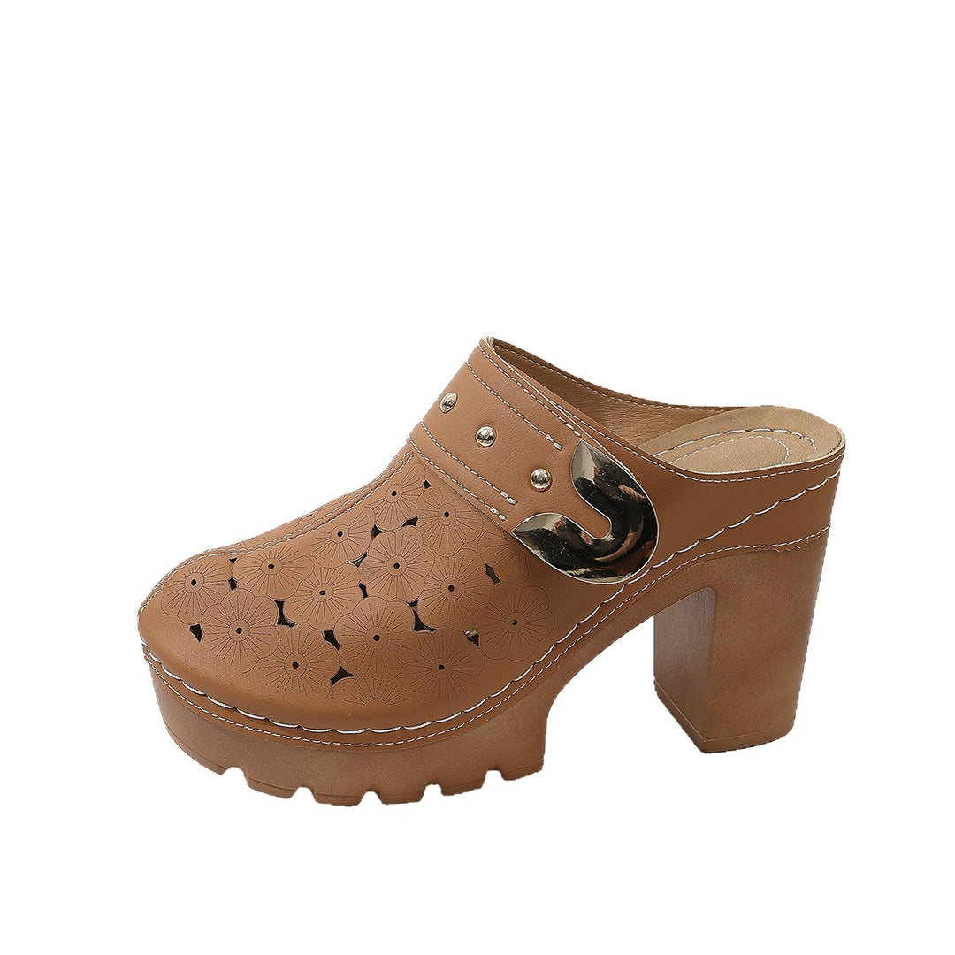 Damen Plateau-Clogs mit floralem Perforationsmuster, dekorativer Metallschnalle und hohem Blockabsatz Drune