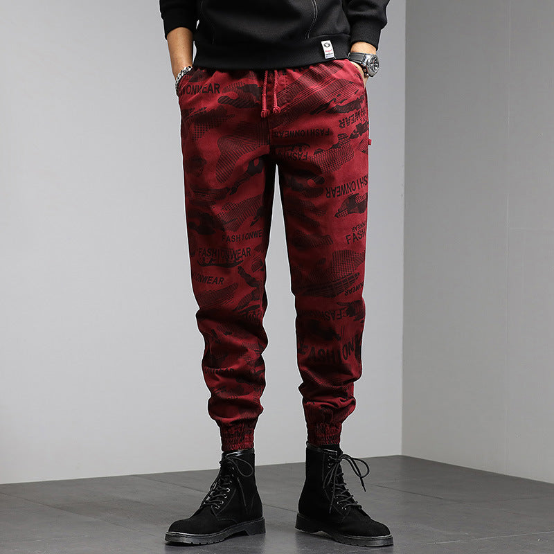 Herren Camouflage-Print Jogger-Cargohose mit elastischem Tunnelzugbund und gerippten Knöcheln Drune
