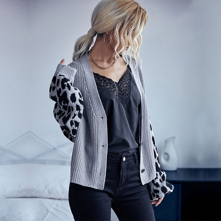 Damen Oversize Strickcardigan mit Leopardenmuster-Ärmeln und V‑Ausschnitt Drune