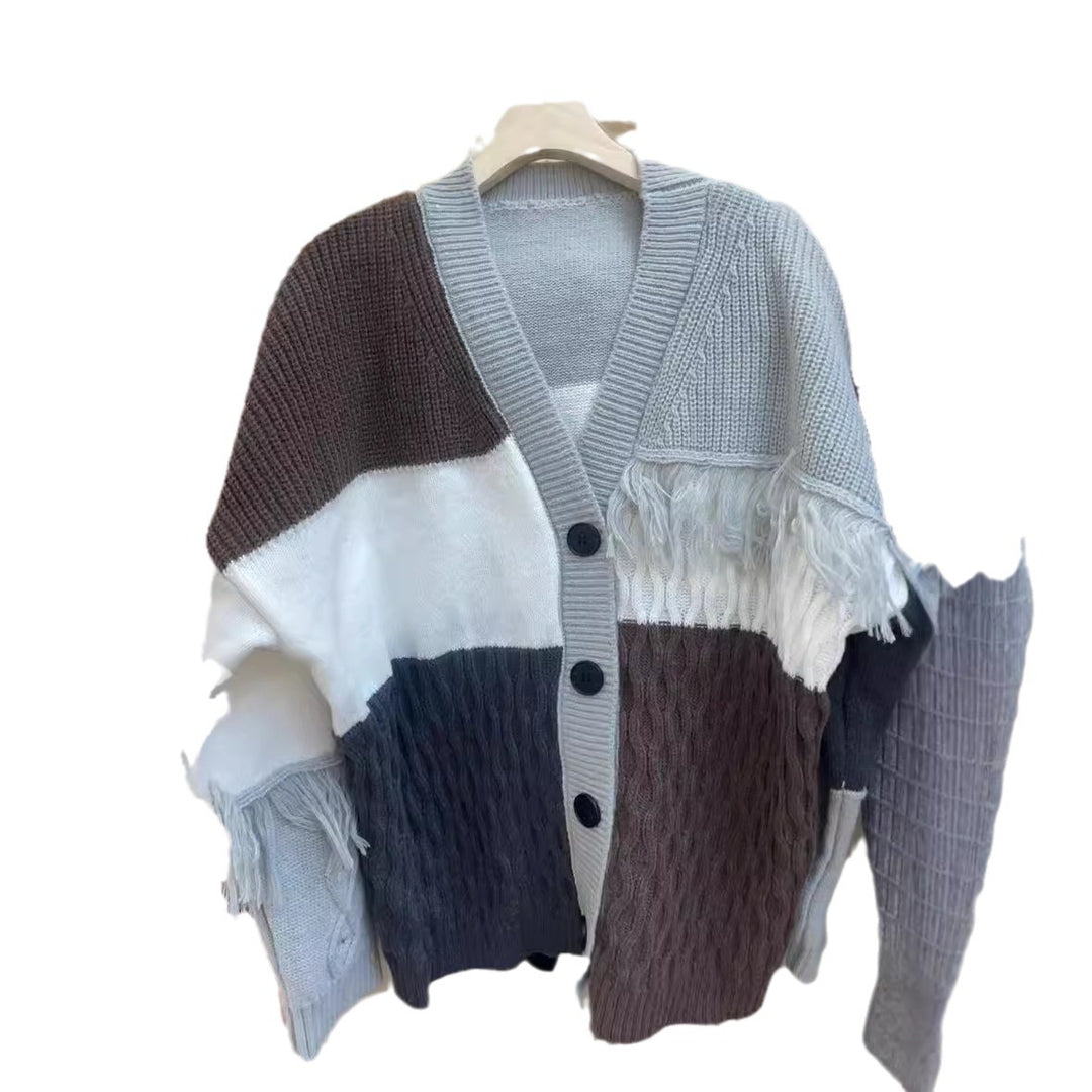 Damen grob gestrickter Cardigan mit modischem Farbblockdesign und Knopfleiste Drune