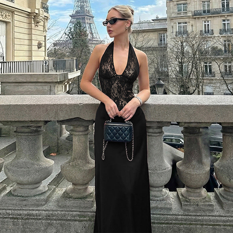 Damen Elegantes Maxikleid mit tiefem V-Ausschnitt und Spitzeneinsatz Drune