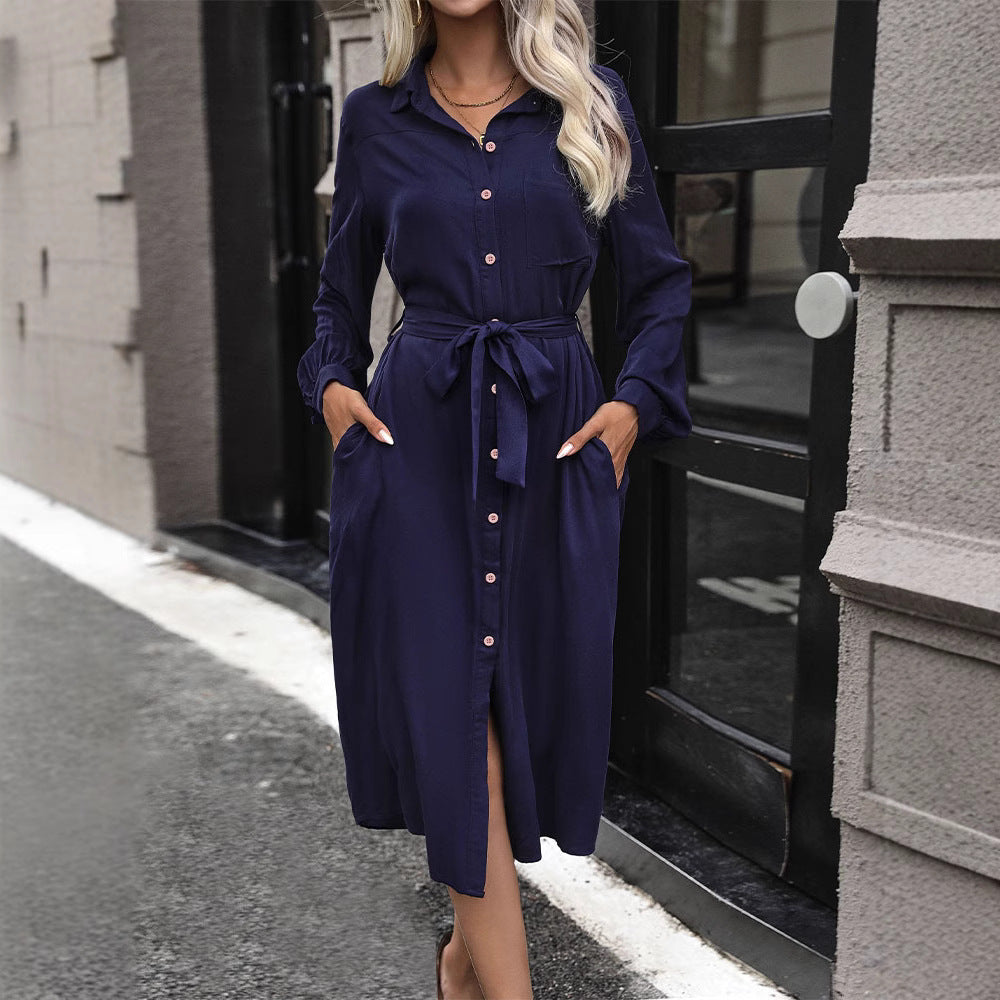 Damen Midikleid im Hemdblusenstil mit Bindegürtel, verdeckter Knopfleiste und hohem Beinschlitz Drune