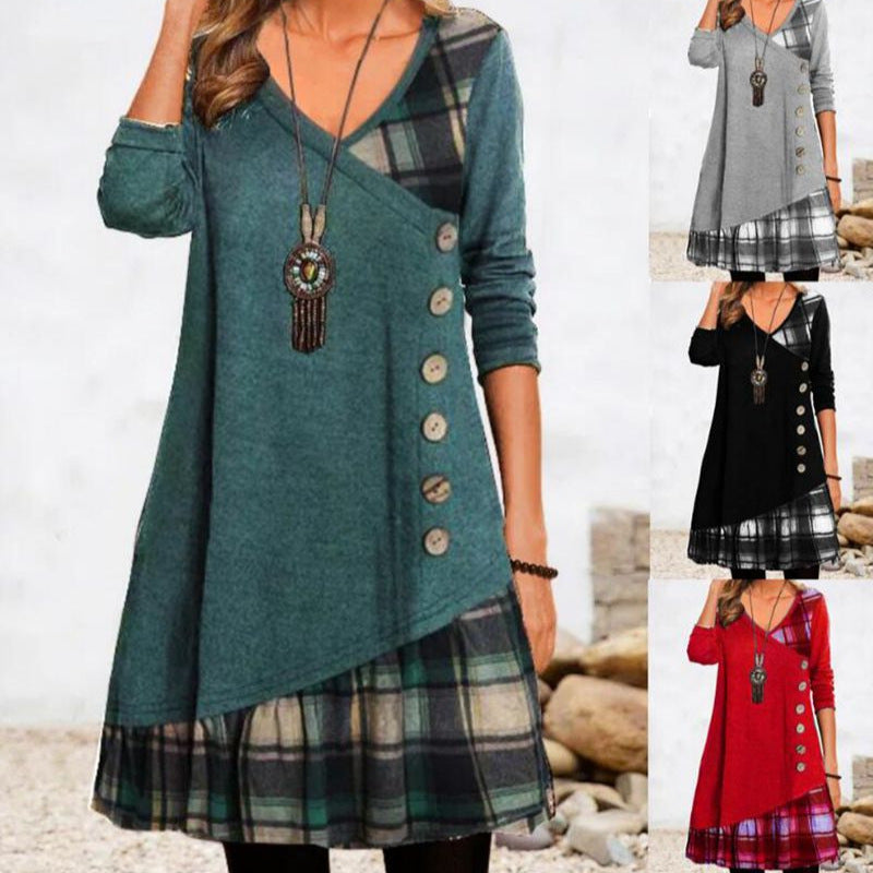 Damen nan asymmetrisches V-Ausschnitt-Tunika-Kleid mit Zierknopfleiste und Animalprint-Besatz Drune