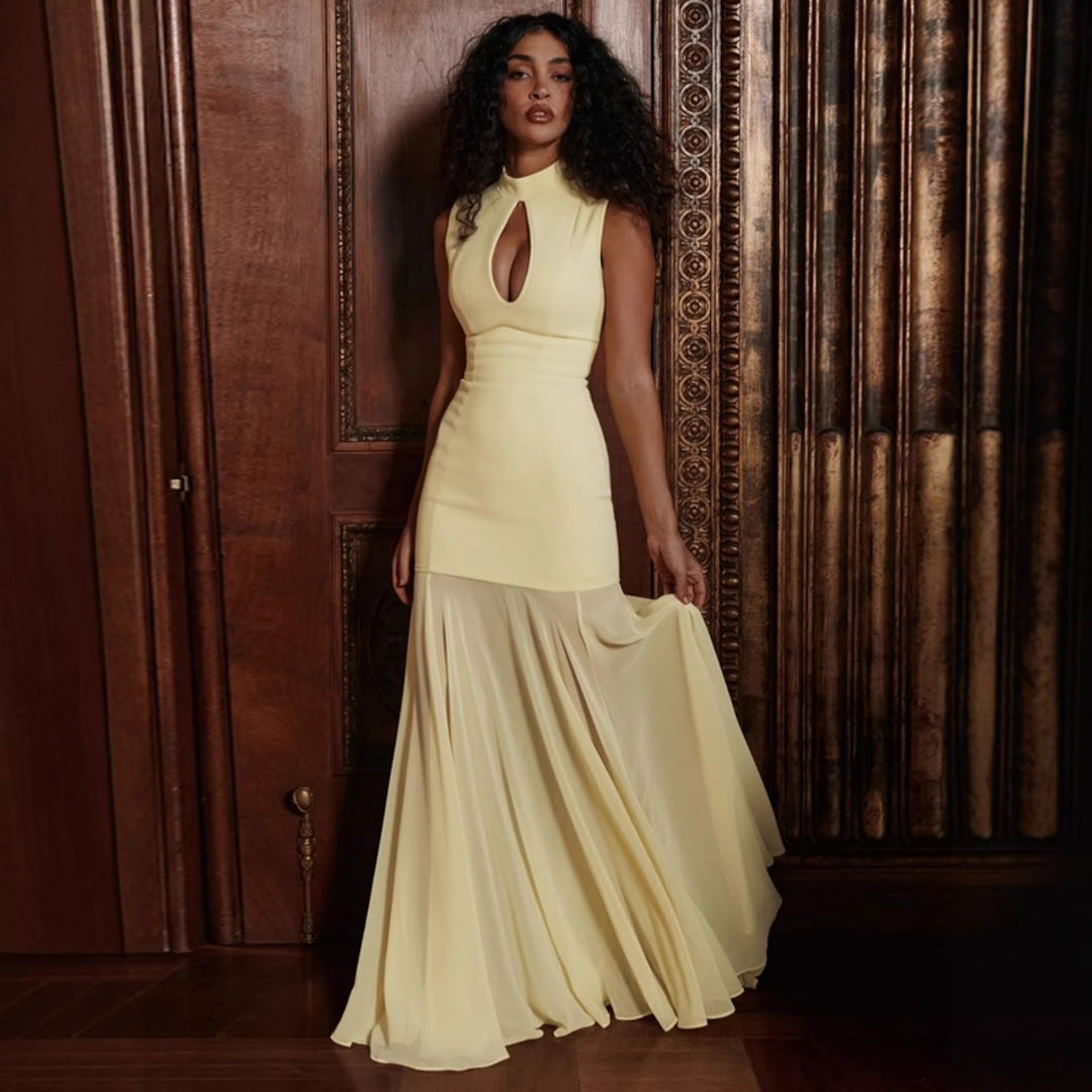 Damen Elegantes Kleid mit hohen Kragen und Schlitz Drune