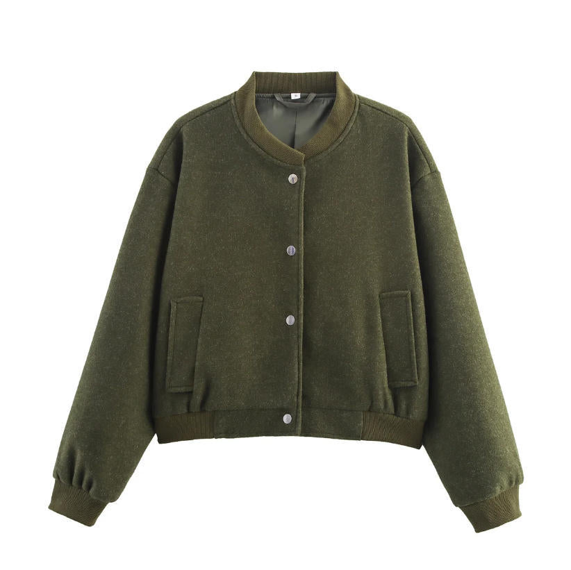 Damen 70+ kurze Wollmix‑Blousonjacke mit Reißverschluss, Hemdkragen und Pattentaschen Drune
