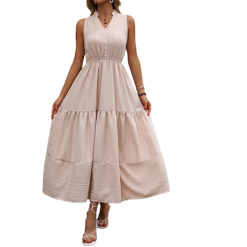Damen Maxikleid mit V-Ausschnitt und Knopfleiste Drune