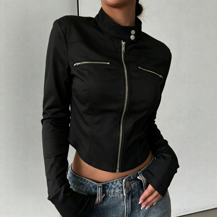 Damen Taillierte Bonded-Canvas-Bikerjacke mit Stehkragen und Brust-Reißverschlüssen Drune
