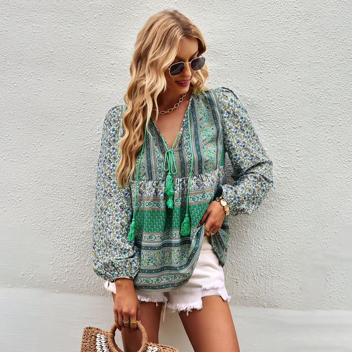 Damen nan lockere Boho-Tunika-Bluse mit V-Ausschnitt, Quasten-Tie und gerafften Ballonärmeln Drune