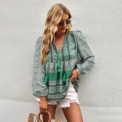 Damen nan lockere Boho-Tunika-Bluse mit V-Ausschnitt, Quasten-Tie und gerafften Ballonärmeln Drune