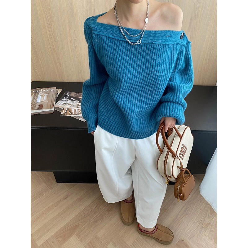 Damen gemütlicher Strickpullover mit elegantem Überhang Drune