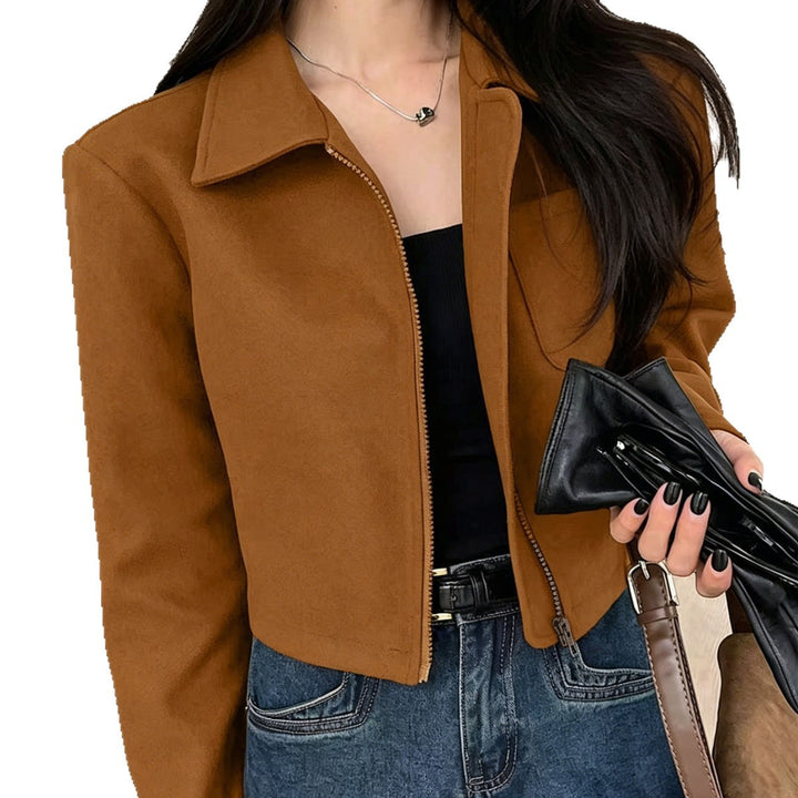 Damen Kurzjacke aus Wildlederimitat mit Reißverschluss und Hemdkragen Drune