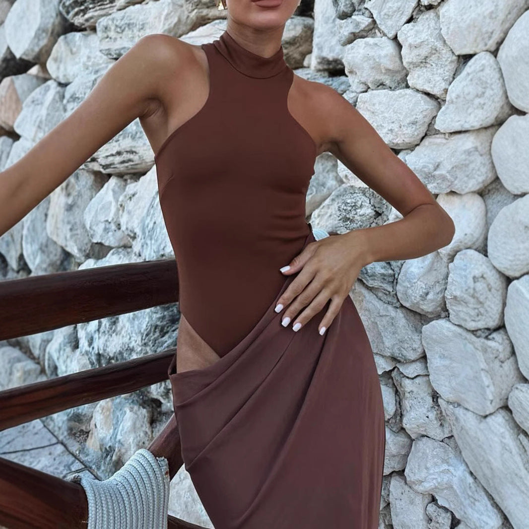 Damen Elegantes Wickelkleid mit hochgeschlossenem Kragen und seitlichem Schlitz Drune