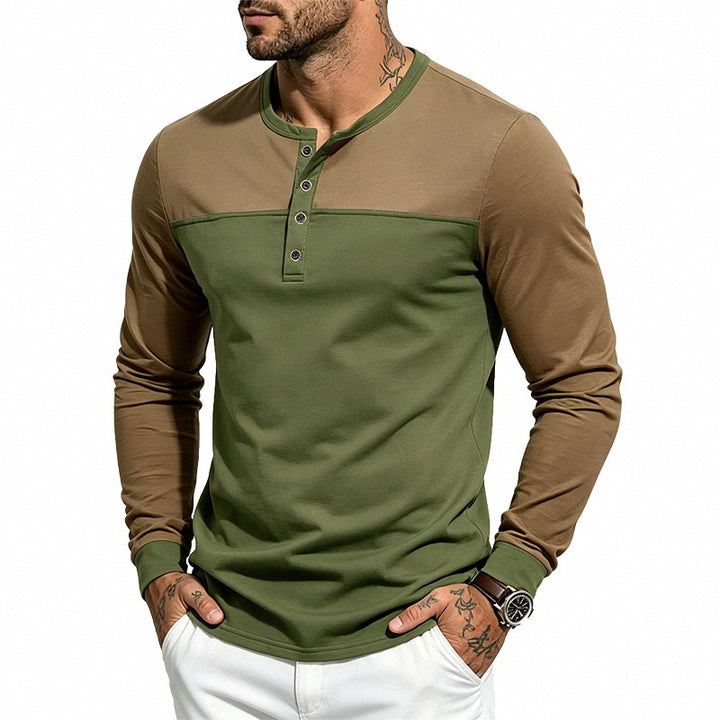 Herren Slim-Fit Henley-Langarmshirt mit Kontrastpaneel und Metallknopfleiste Drune