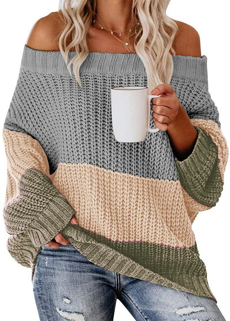 Damen Schulterfreier Oversize Blockstreifen Strickpullover Drune