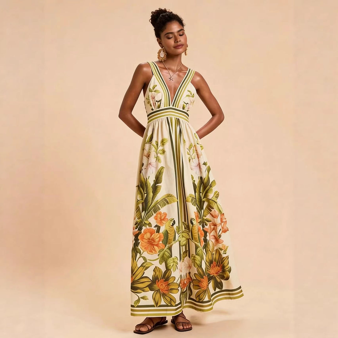 Damen Maxikleid mit tiefem V-Ausschnitt und floralem Design Drune