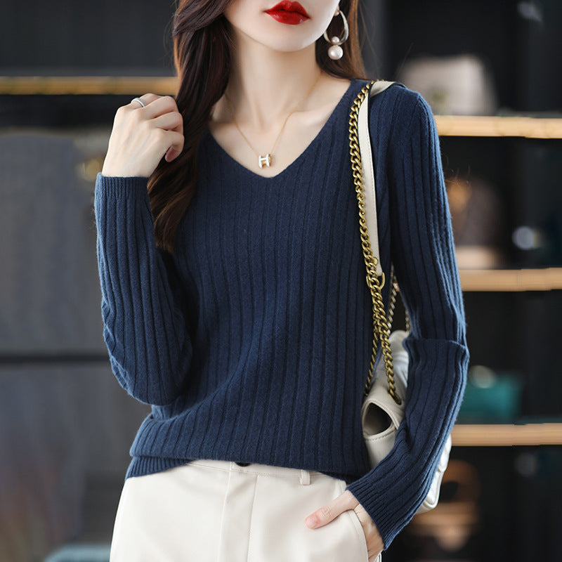 Damen Strickpullover mit feiner Rippenstruktur und V-Ausschnitt Drune