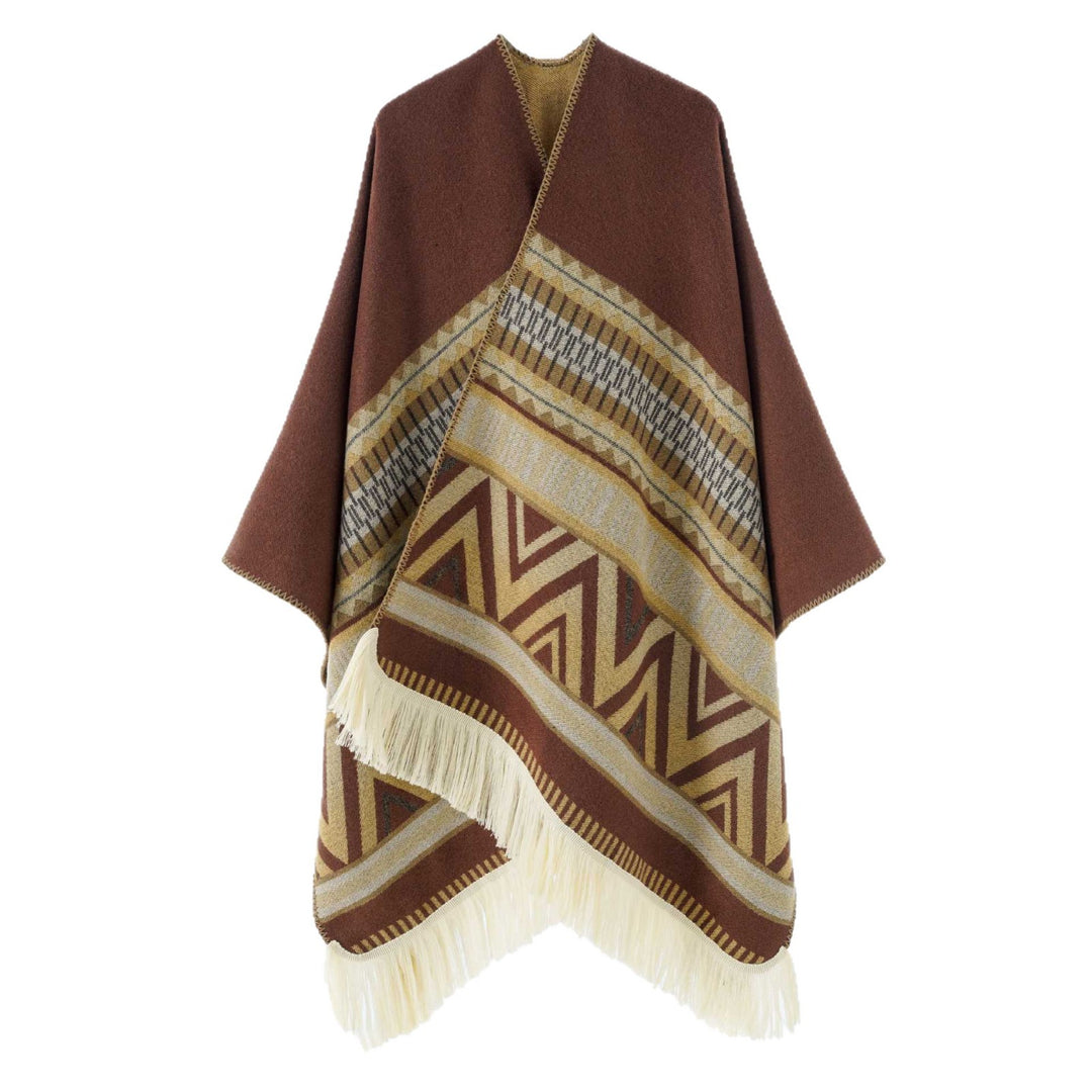 Damen Gewebter Ethno-Poncho mit Fransen und Jacquardmuster Drune