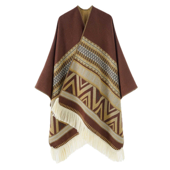 Damen Gewebter Ethno-Poncho mit Fransen und Jacquardmuster Drune
