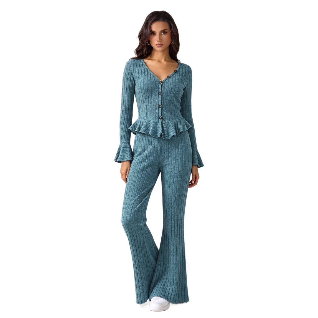 Damen feinstrukturiertes Rippstrick-Set mit tailliertem Knopfcardigan, Volant-Taillenpassform und ausgestellter Schlaghose Drune