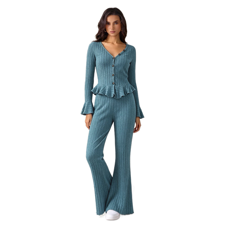 Damen feinstrukturiertes Rippstrick-Set mit tailliertem Knopfcardigan, Volant-Taillenpassform und ausgestellter Schlaghose Drune