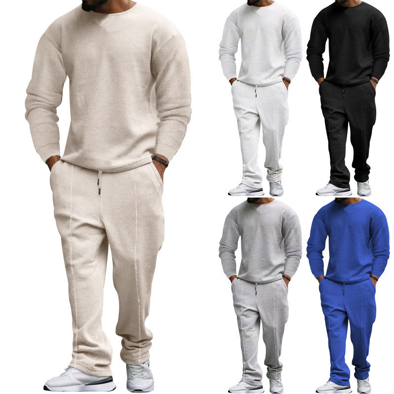 Herren nan strukturiertes Lounge-Set mit Rundhals-Pullover und schmal zulaufender Naht-Jogginghose Drune