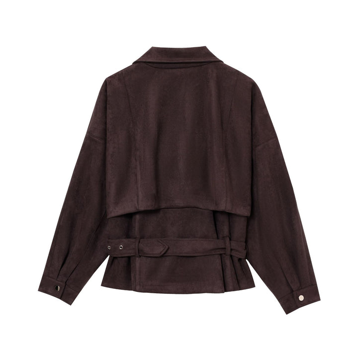 Damen elegante Wildlederjacke mit funktionalen Reißverschlüssen und Taillengürtel Drune