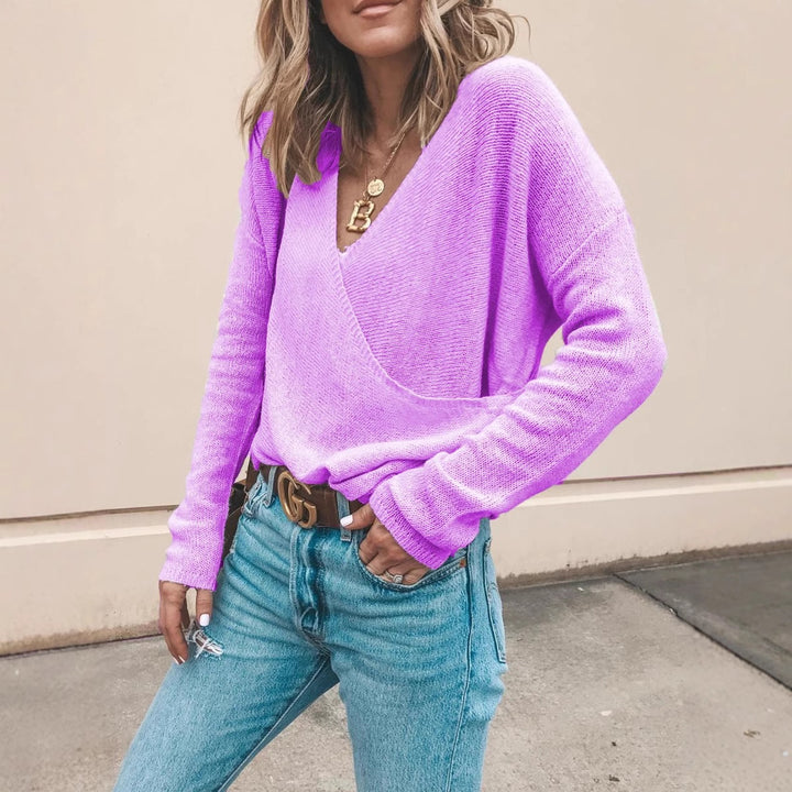 Damen Leichter Oversized Strickpullover mit Wickeloptik und V-Ausschnitt Drune