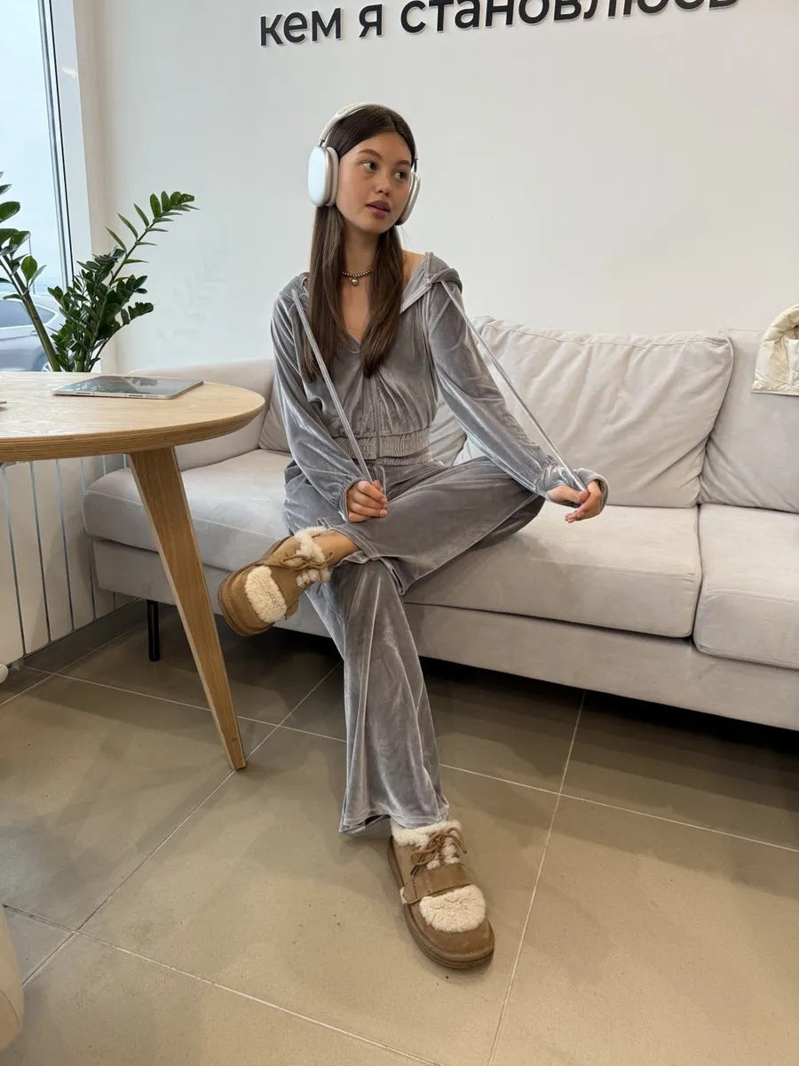 Damen samtiges Cropped-Kapuzen-Sweatset mit taillenhoher Jogginghose Drune