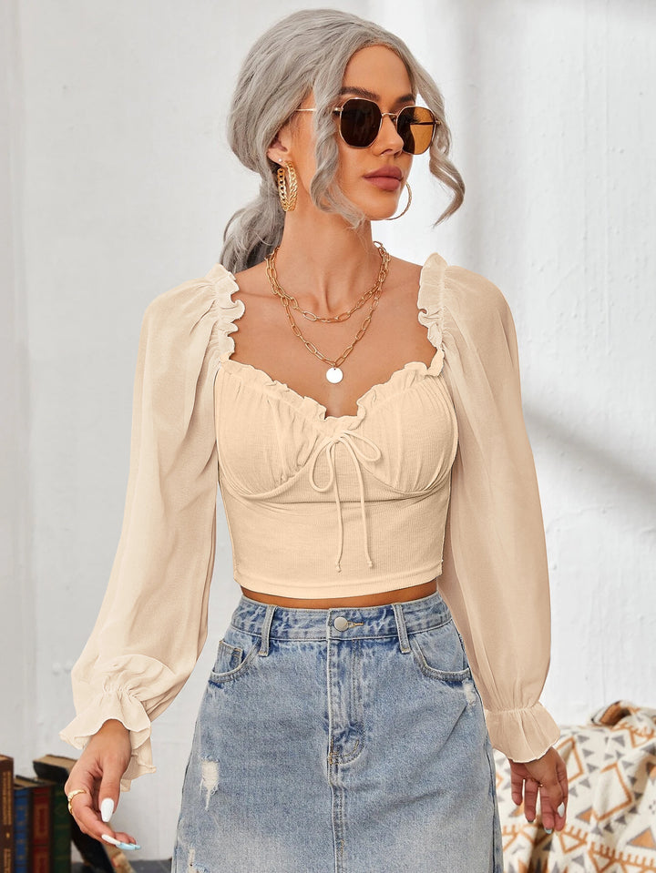 Damen Cropped-Bluse mit Rüschen und eleganten Puffärmeln Drune