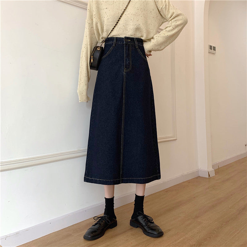 Damen Denim-Midi-Rock mit hoher Taille Drune