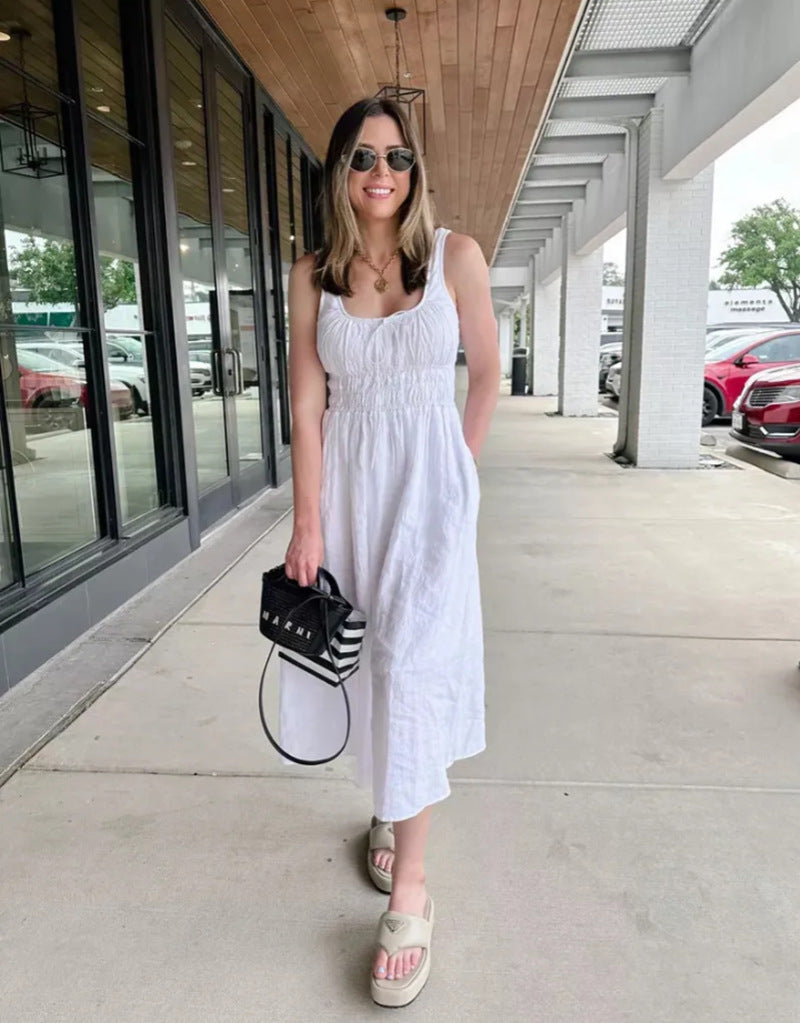 Damen nan midilanges Leinenoptik-Kleid mit Smokoberteil, elastischer Taillenpasse und breiten Trägern Drune